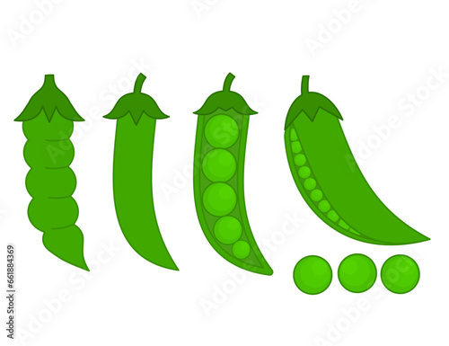 Pod of green peas.Fruit or vegetable.Dry bean with seeds and leaves.Element for packaging design.Flat design.Sign, symbol, icon or logo isolated.Cartoon vector illustration.Graphic or clipart.