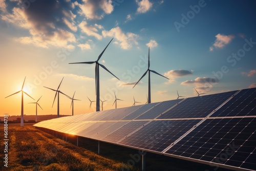 Creating sustainable energy using solar panels and wind farms is enterprise friendly. The concept of clean and sustainable development. Generative AI