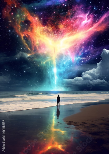 Surreal beach scene with man and vibrant galaxy sky AI Generated