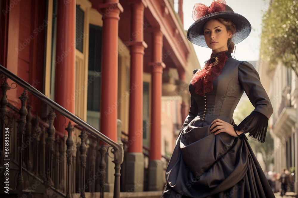 Obraz premium Beautiful woman dressed in victorian clothing in a new Orleans style or american colonial style environment. 