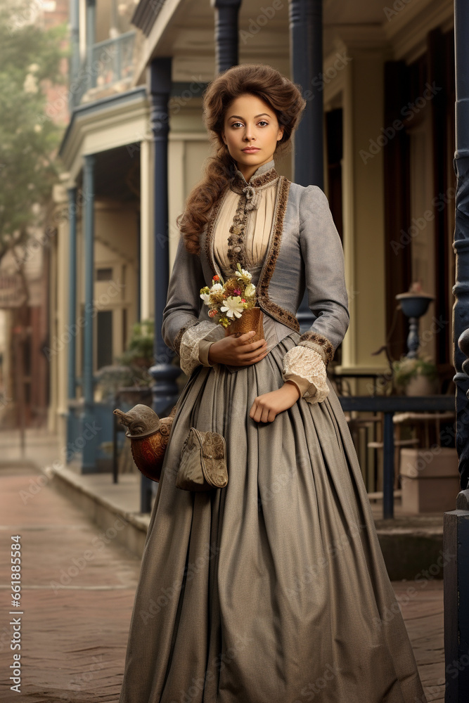 Beautiful woman dressed in victorian clothing in a new Orleans style or american colonial style environment. 