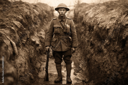 World war one British soldier standing in a trench looking towards the camera. 