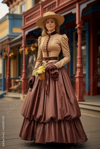 Beautiful woman dressed in victorian clothing in a new Orleans style or american colonial style environment. 