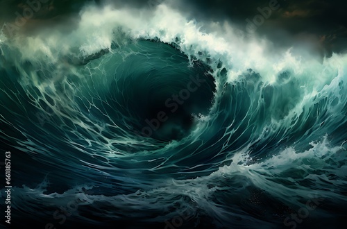 3D illustration of a blue ocean wave breaking in a hollow hollow