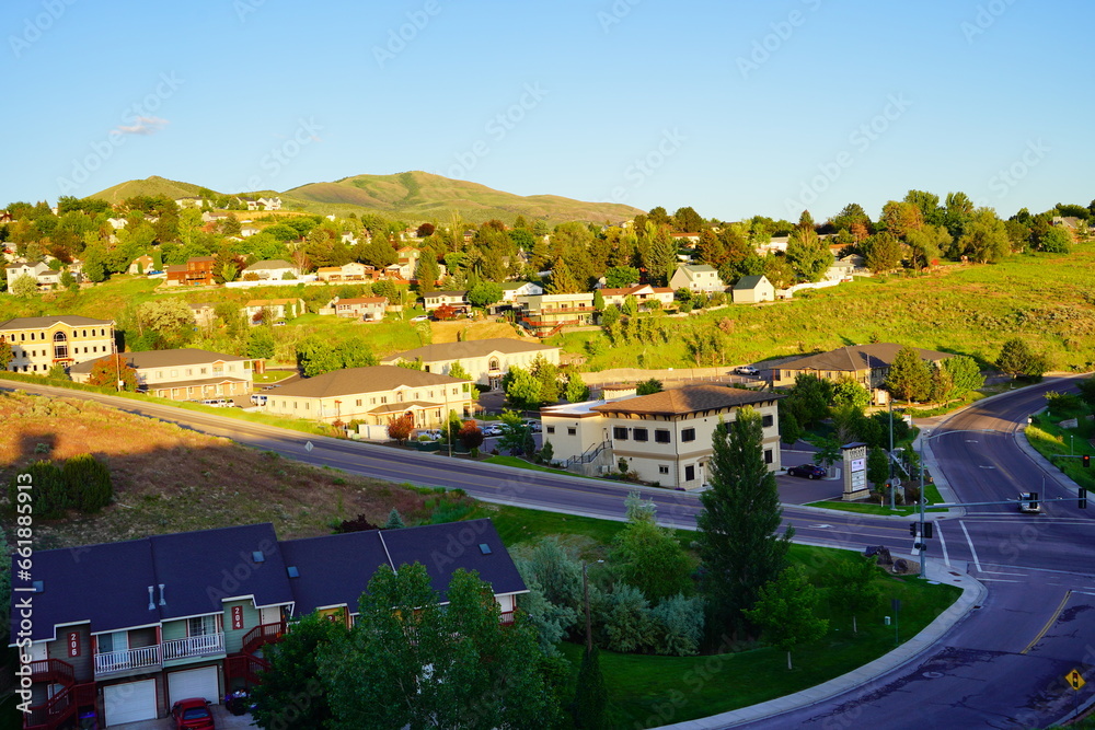 Landscape of house and mountain in city Pocatello in the state of Idaho	