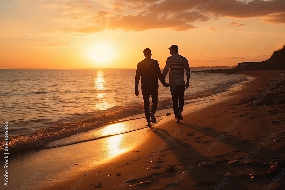 Gay couple on beach during sunset. Summer vacation together. Love, ocean, male couple walking in nature. Romantic moment of a loving couple. Homosexual relationships concept.