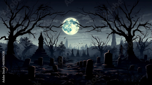 Explore a spooky, moonlit cemetery where eerie tombstones and shadows create a haunting atmosphere perfect for Halloween-themed projects.