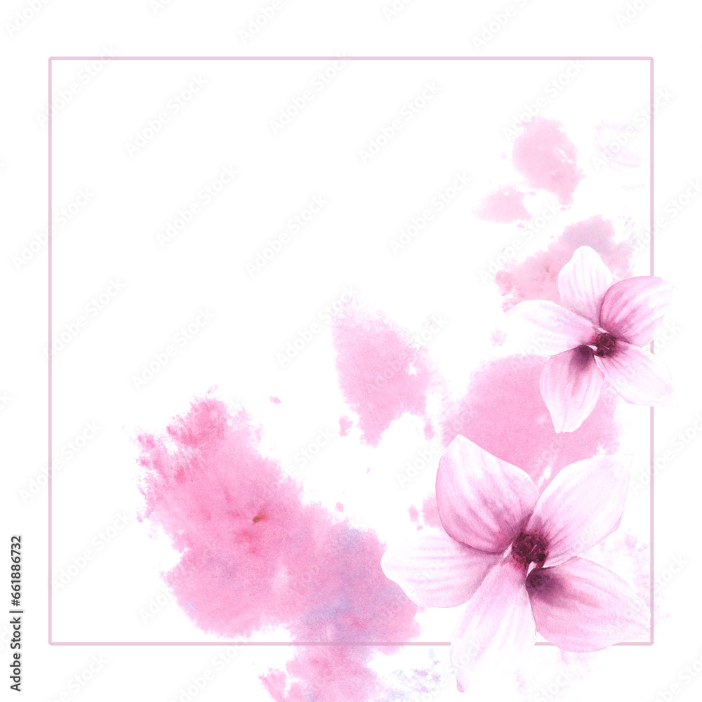 Floral frame with watercolor pink magnolias flowers and buds. Hand painted illustration isolated on white background with pink watercolor stains. Design for wedding invitations, greeting cards, flyers