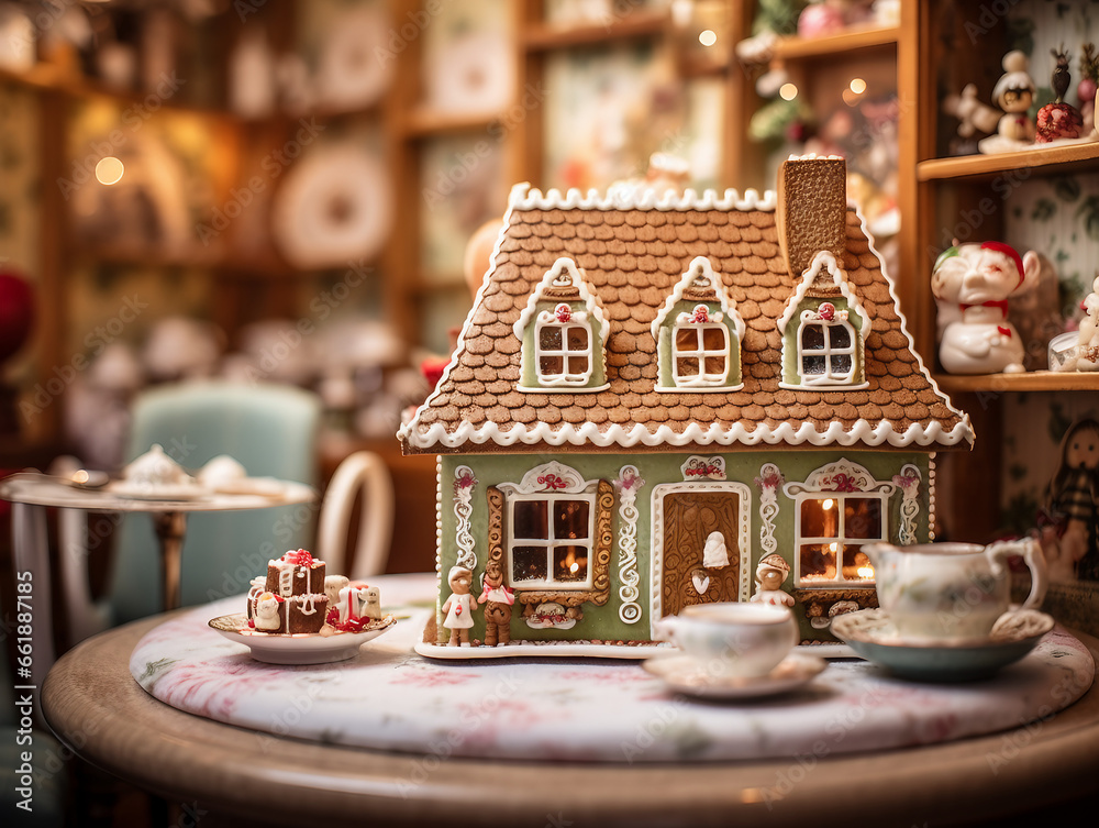 A tea room with a whimsical gingerbread house. generative ai A tea room with a whimsical gingerbread house. generative ai