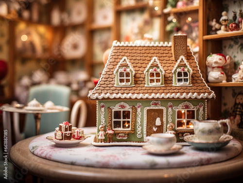 A tea room with a whimsical gingerbread house. generative ai  