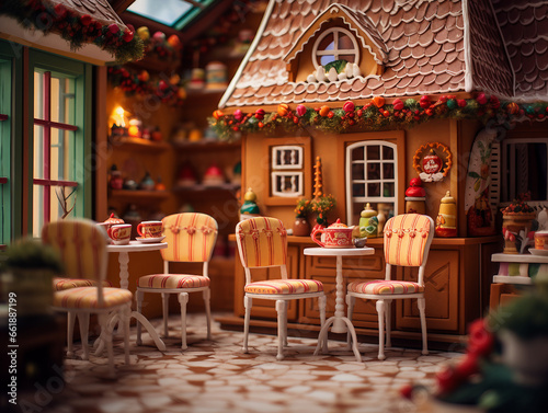 A tea room with a whimsical gingerbread house. generative ai 