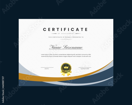 Vintage achievement certificate template vector, professional design in blue and golden color.
