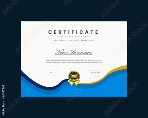 Vintage achievement certificate template vector, professional design in blue and golden color.