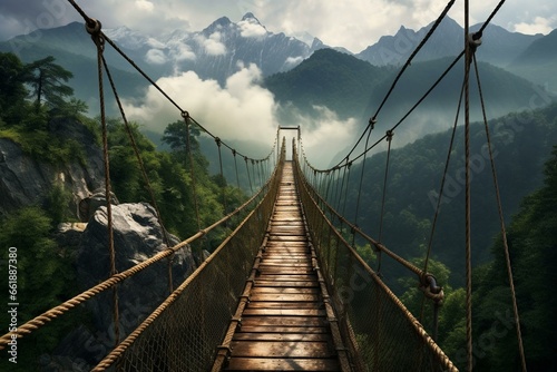 Suspension bridge in mountains. Generative AI photo