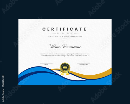 Vintage achievement certificate template vector, professional design in blue and golden color.