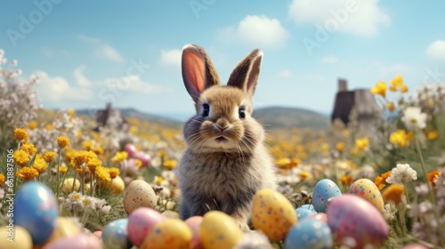 Photo of a cute rabbit surrounded by a colourful field of Easter eggs created with Generative AI technology photo