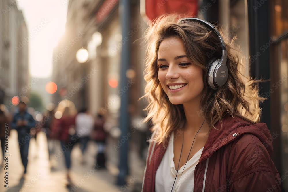 City Soundscape: Blonde Woman Lost in Music on the Street