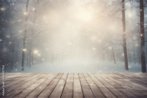 outdor plank wood floor in winter forest scene  the sun from behind the trees  misty and ray of lights  twig framing  snow falling and flying in the air  beautiful dreamy light.
