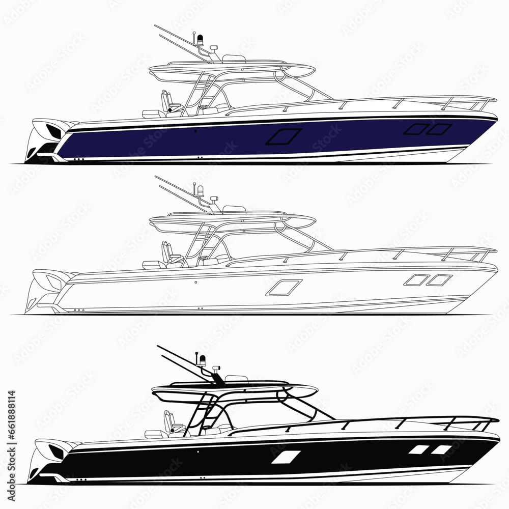 Side view fishing boat vector  line art  and one color