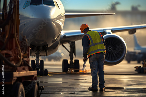 Airport ground crew worker checking airplane