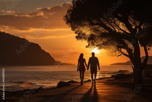 Romantic moment of a loving couple. Loving couple on beach during sunset. Summer vacation together. Love, ocean, couple walking in nature. © Stavros