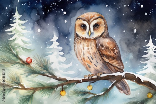 Watercolor owl sitting on branch of christmas tree with falling snow and light background. Winter wallpaper. Christmas. Happy New Year. Celebration. Digital Illustration