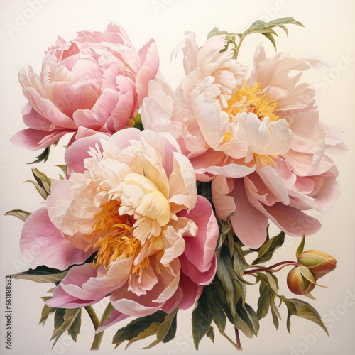 Pale pink peonies on an elegant, fresh watercolor background, vivid, colorful illustration. Retro, vintage style. 