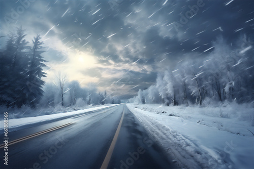 highway in winter in deep forest, giant trees, twig framing, snow falling, beautiful dreamy light, hyper realistic, © Maizal
