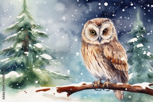 Watercolor owl sitting on branch of christmas tree with falling snow and light background. Winter wallpaper. Christmas. Happy New Year. Celebration. Digital Illustration