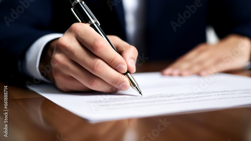 A close-up of a hand signing an important document with a pen, creating a unique signature. photo