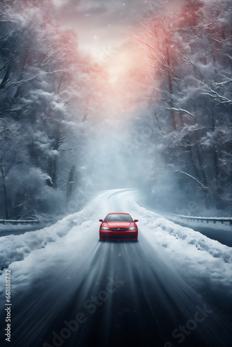 highway in winter in deep forest, giant trees, twig framing, snow falling, red car on the road, beautiful dreamy light, hyper realistic,