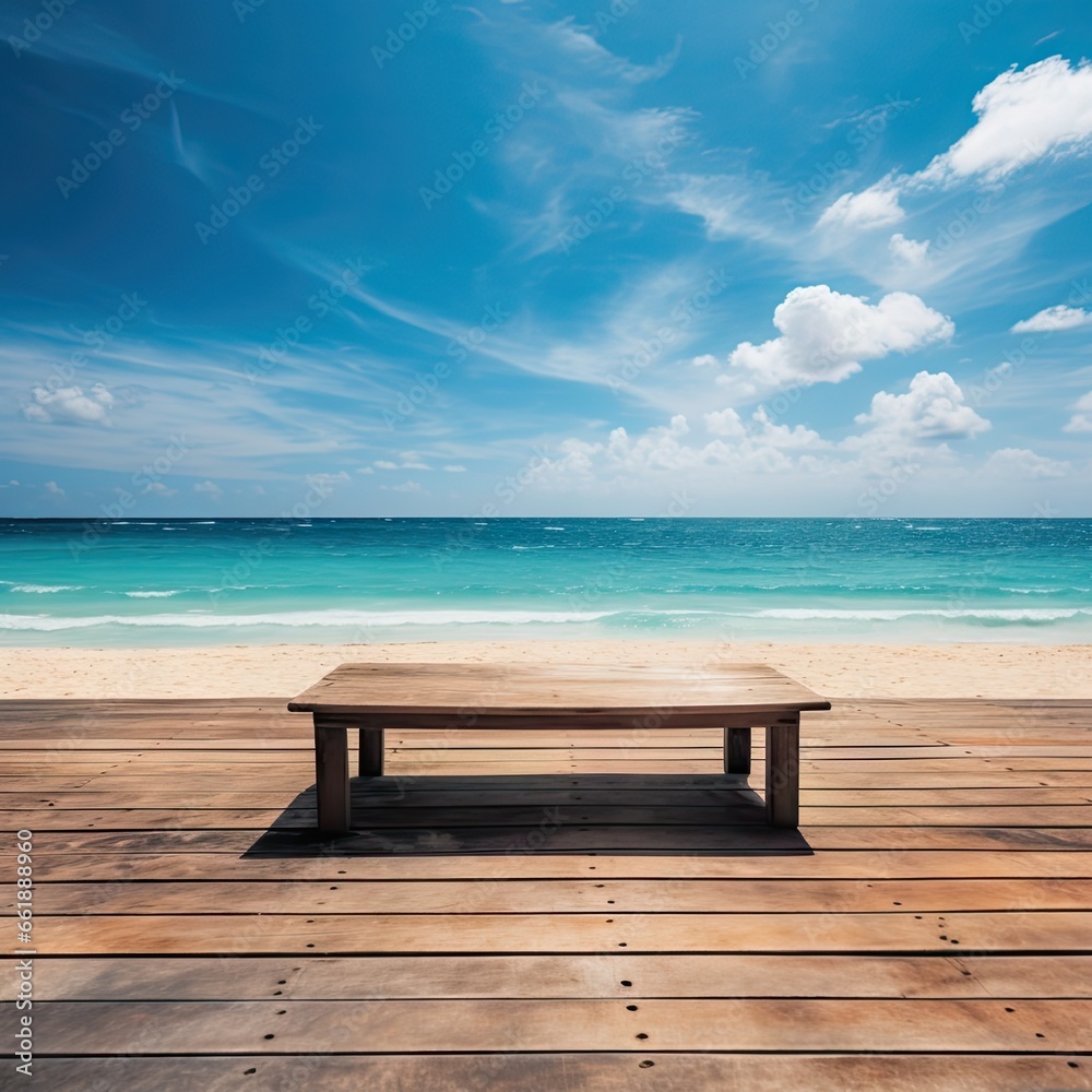 Empty wooden table and beach on a clear day