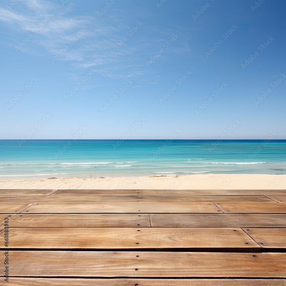 Empty wooden table and beach on a clear day Empty wooden table and beach on a clear day