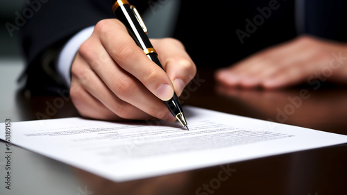 Close-up of a hand signing a legal document with a pen, solidifying agreements with a distinct signature. photo