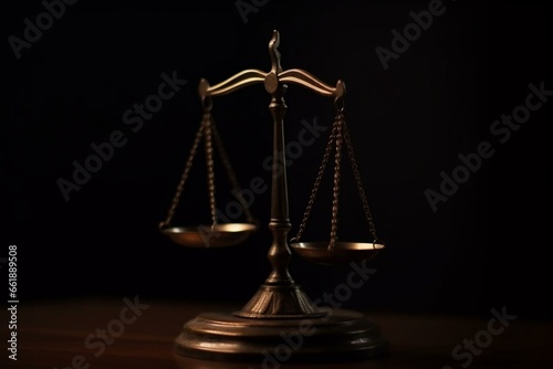 Close-up of justice scales on dark background conveying concept of law and justice. Generative AI