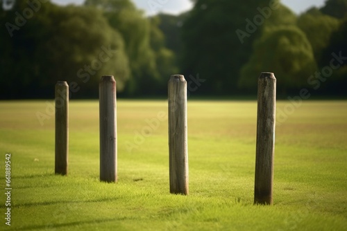 Three slender wooden posts in a cricket field. Generative AI
