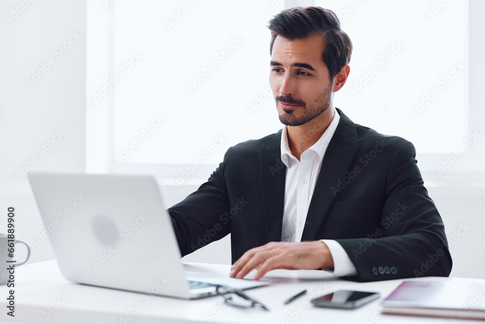 Man work office dreaming professional laptop adult pause business day rest job satisfaction Man work office dreaming professional laptop adult pause business day rest job satisfaction