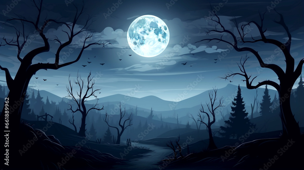 Embrace the serene beauty of a moonlit Halloween night under the full moon and a clear, star-studded sky.