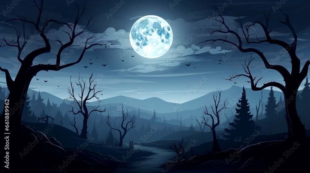 Embrace the serene beauty of a moonlit Halloween night under the full moon and a clear, star-studded sky. Embrace the serene beauty of a moonlit Halloween night under the full moon and a clear, star-studded sky.