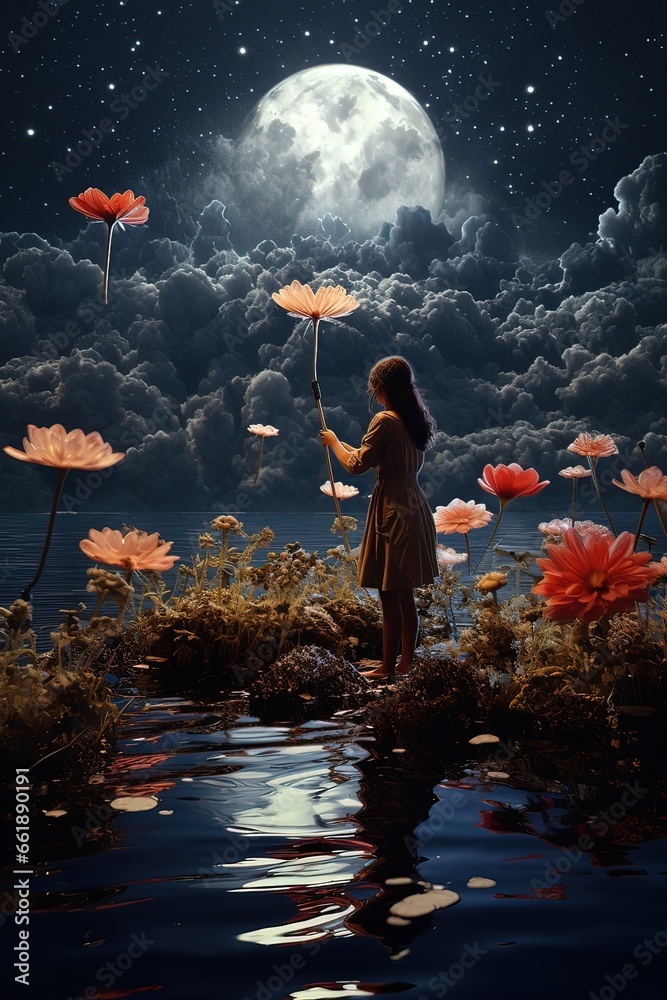 Fototapeta premium Ai ragazza con fiori al chiari di luna 01
