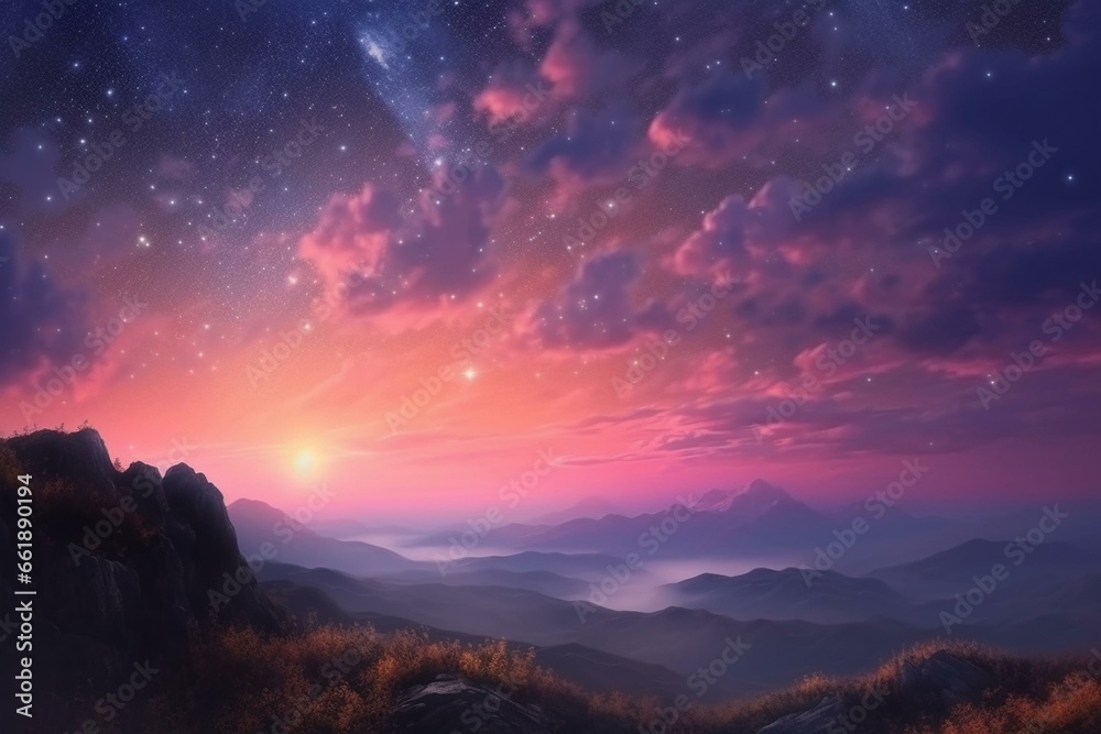 Breathtaking landscape, pink clouds, radiant horizon, shimmering light, falling stars. Generative AI