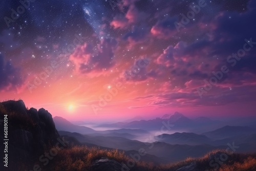 Breathtaking landscape, pink clouds, radiant horizon, shimmering light, falling stars. Generative AI