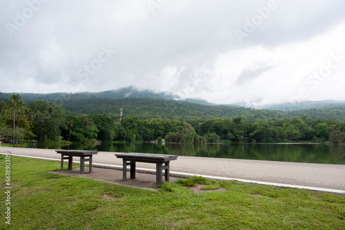 View of Ang Kaew reservoir with mountain in Chiang Mai, Thailand.