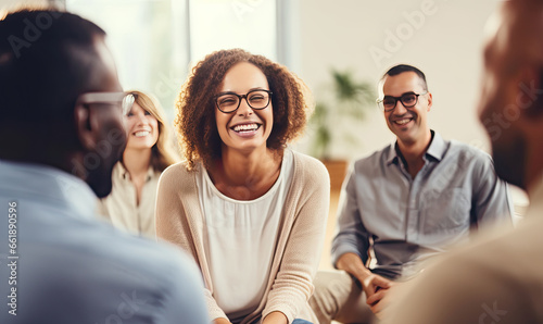 Group therapy and support. A young Caucasian woman in eyeglasses. A group of people around support her. She is happy. photo
