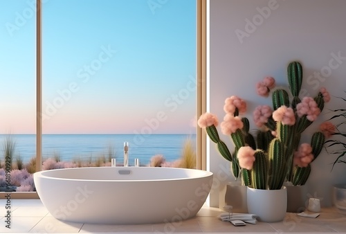 Bathroom interior with a view of the sea. 3d render