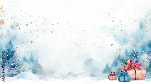 Winter background. Hand painted watercolor drawing for Christmas and Happy New Year season. Background design with copy space for invitation, cards, social post, ad, cover, sale banner and invitation.