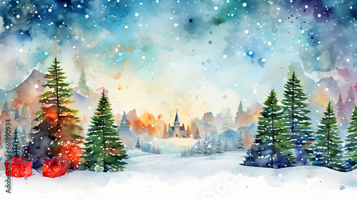 Winter background. Hand painted watercolor drawing for Christmas and Happy New Year season. Background design for invitation, cards, social post, ad, cover, sale banner and invitation.