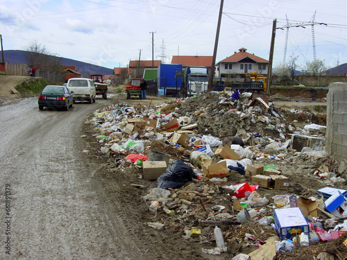 War, ruins and damage, street with trash, rubble and disaster in politics, culture and social crisis. History of conflict, village road and demolition of buildings, government and community in Europe