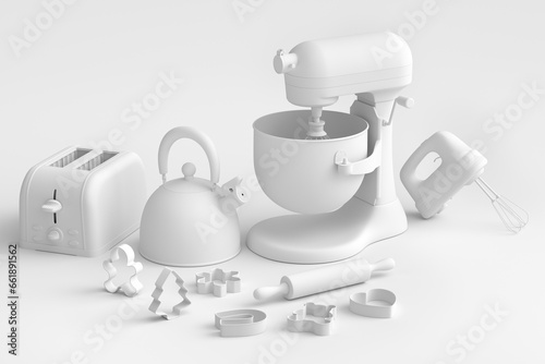 Mixer and bowl with kitchen utensil for preparation of dough on white background