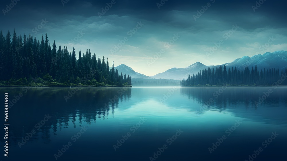 Serene lake in the morning with forest trees and mountain view desktop wallpaper background, ai generated